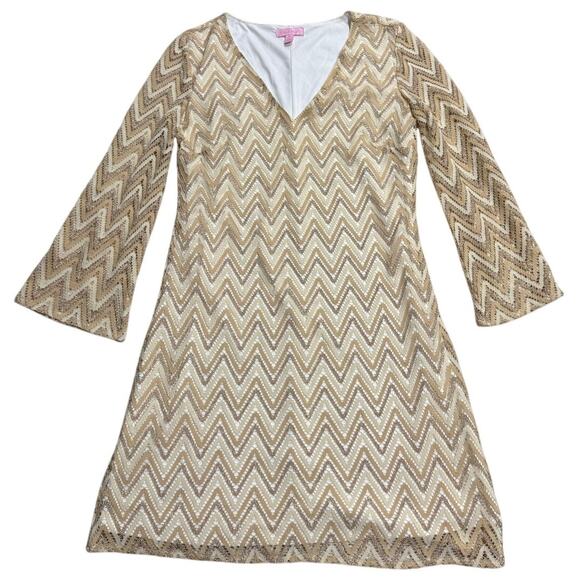 Lilly Pulitzer Jade Chevron Cocktail Dress Geo Lace Womens Size Medium Tan Gold - Picture 1 of 11